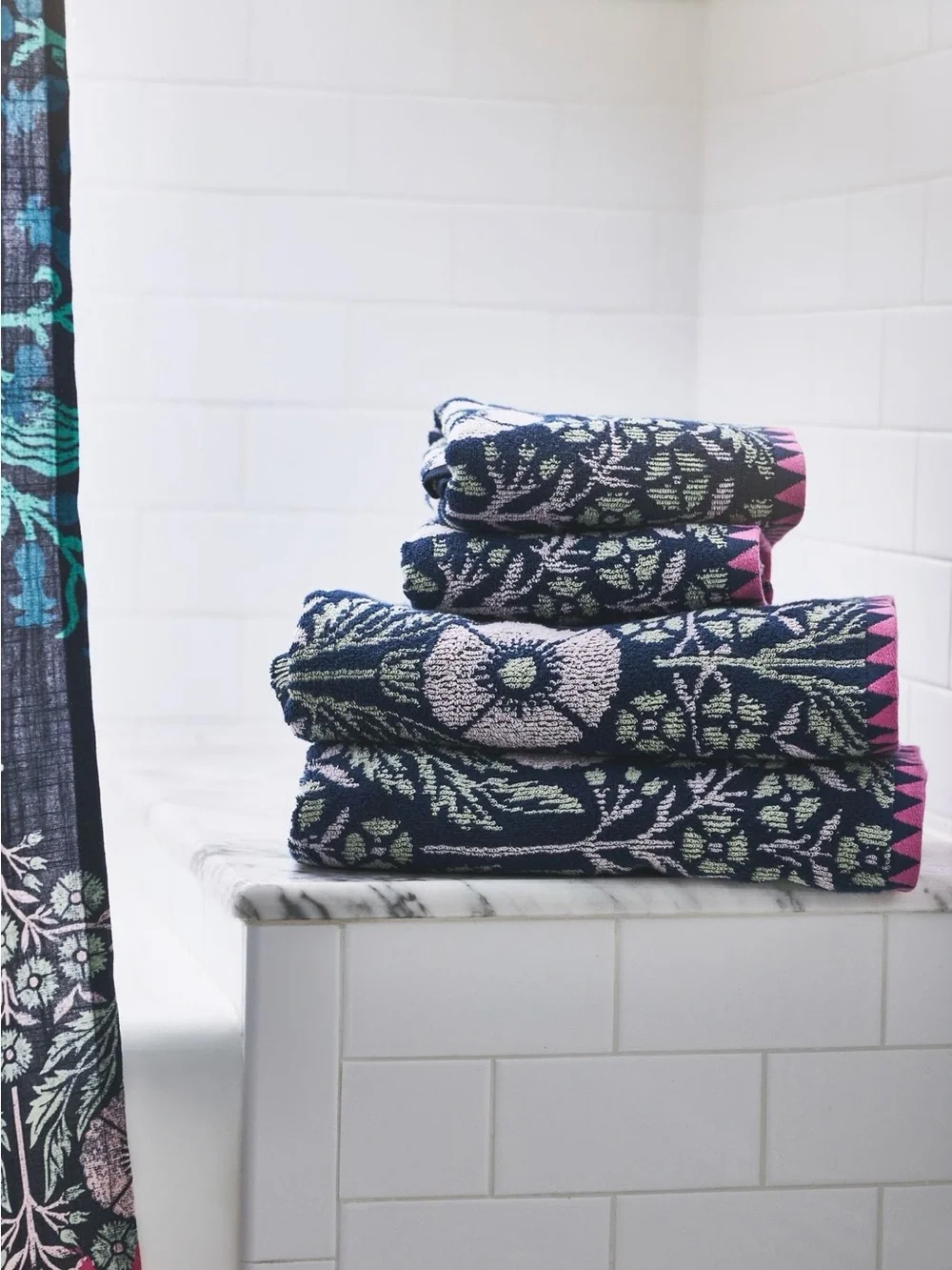 Anthropologie Ellen Merchant Bath Towel, Floral Navy and Pink